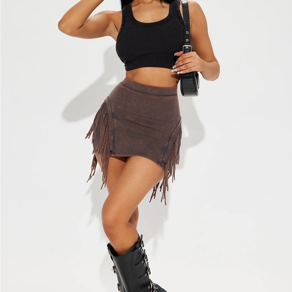Sienna Fringe Mini Skirt - Brown